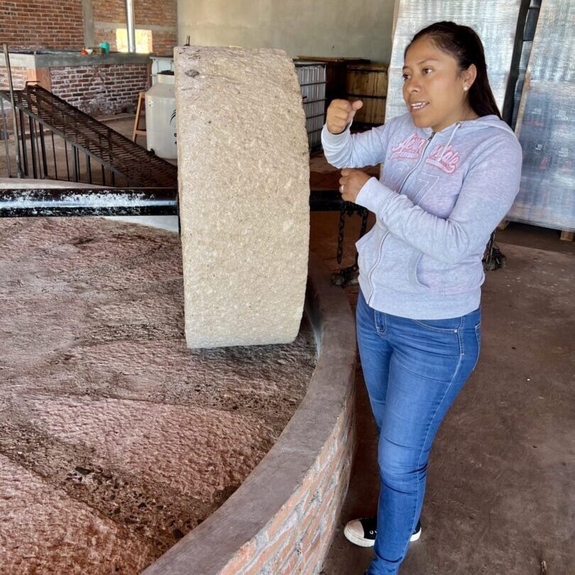 Lidia explains the process of crushing maguey. (Photo: Katy Kavanaugh)